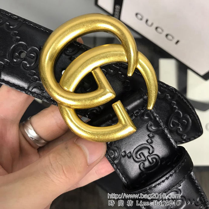 GUCCI古馳 官網新款 正品規格 原單品質 頭層小牛皮壓花 對版尖尾 復古做舊GG古金扣 男士皮帶  xfp1088